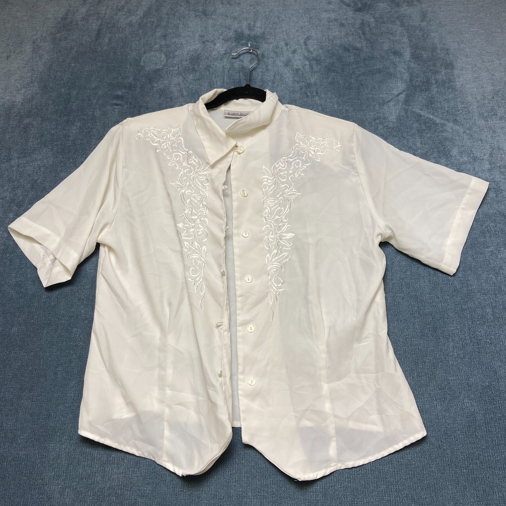 Karen Scott Shirt Womens 12 White Floral Embroidery Everyday Wear Front Button